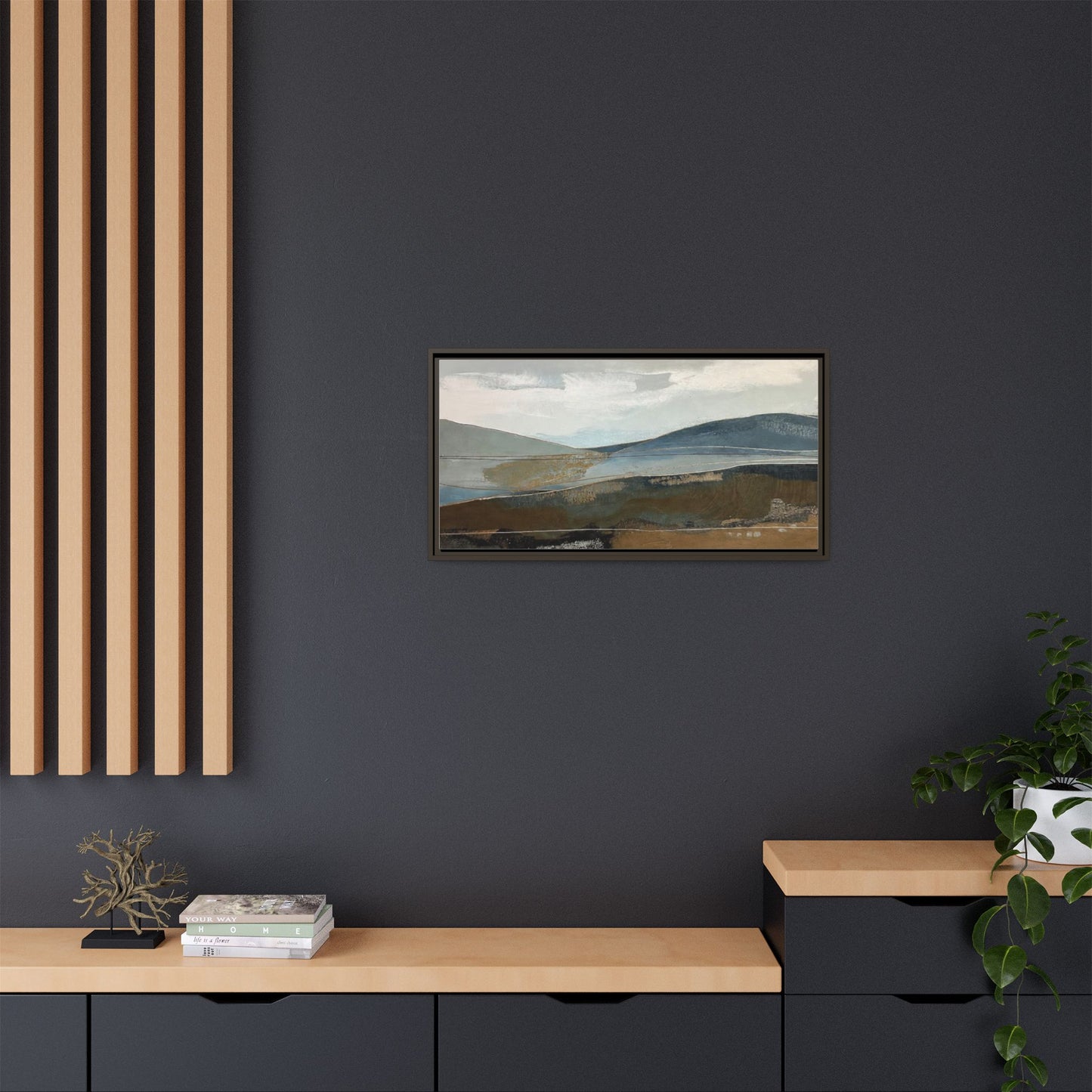 Framed Matte Canvas Landscape Art - Serene Abstract Hills in Blue & Earth Tones
