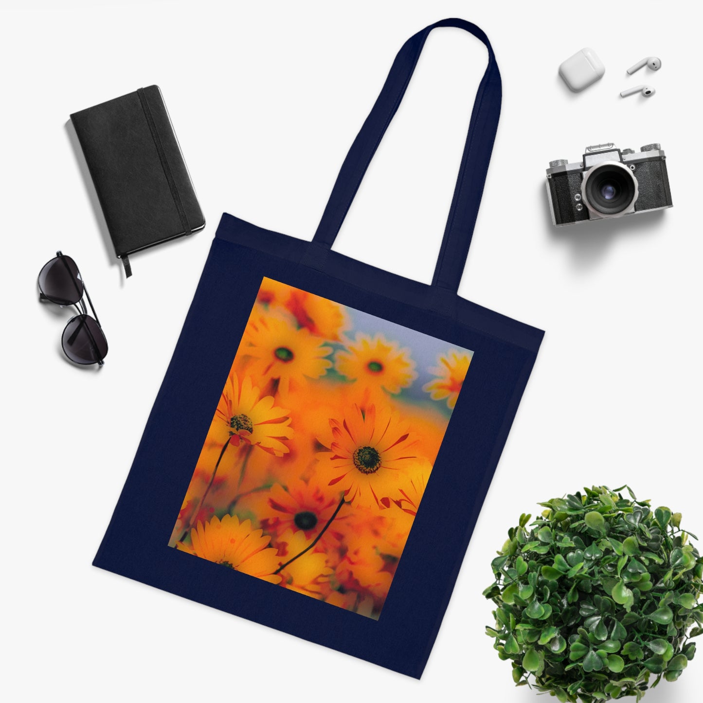 Floral Sunburst Cotton Tote — Bright Orange Daisy Print
