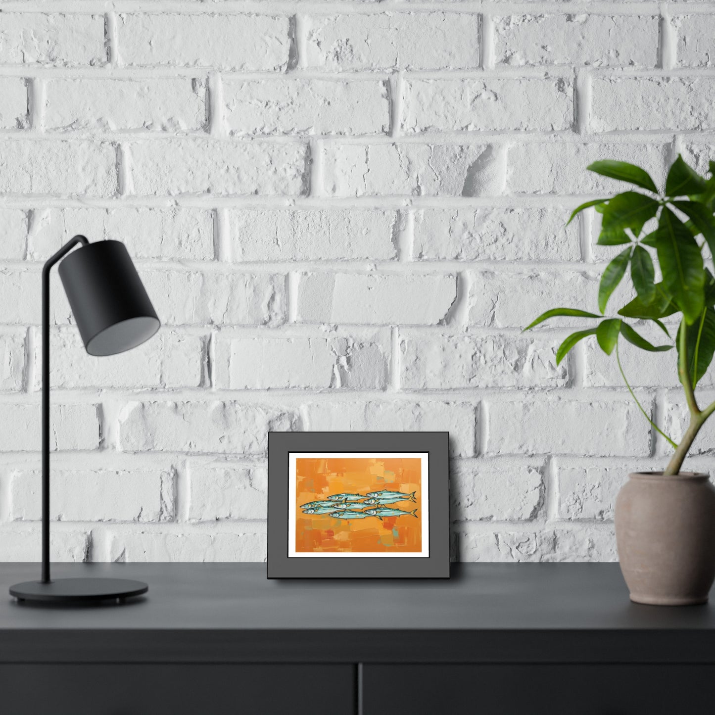 Framed Fish Art Print — School of Mackerel on Orange Abstract Background