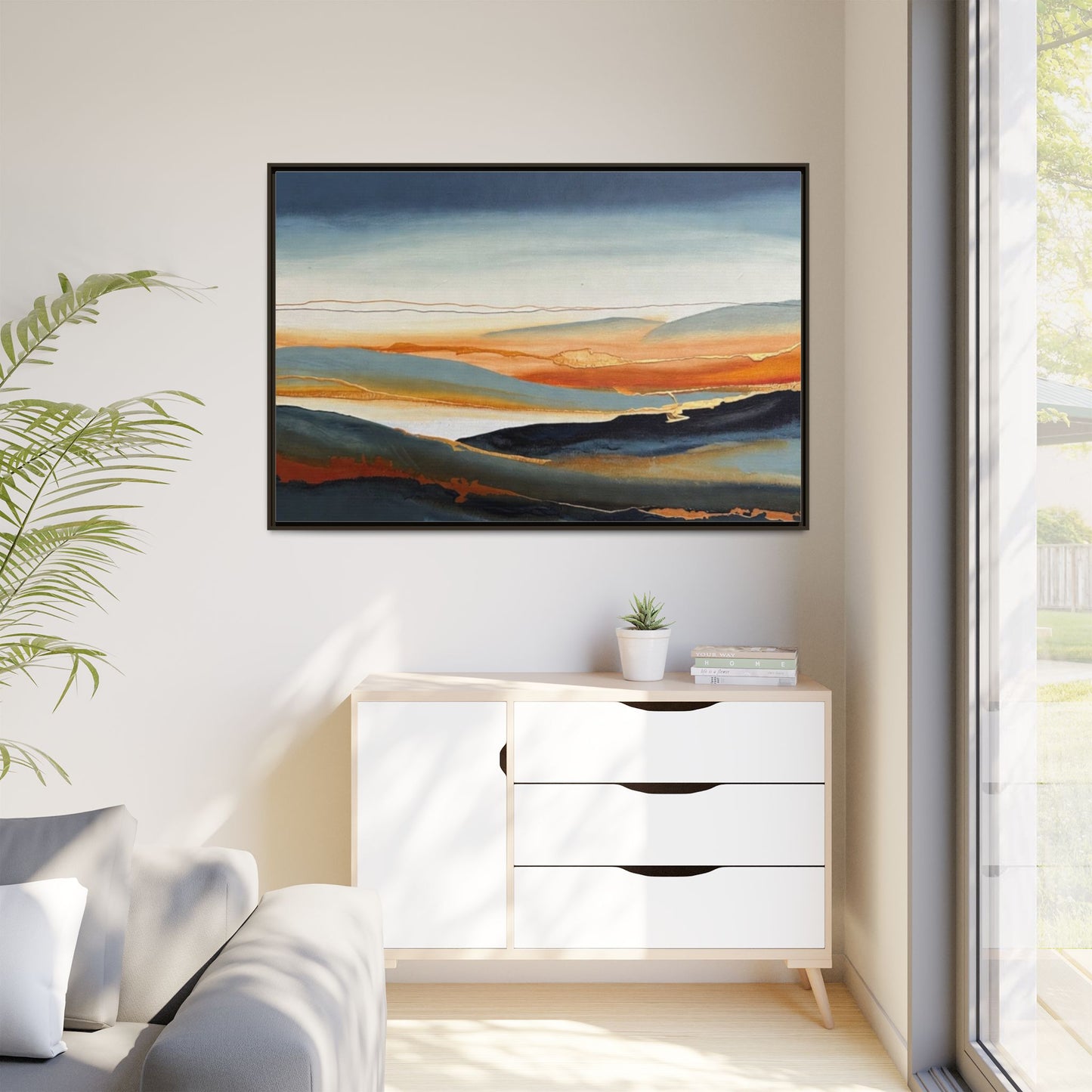 Framed Matte Canvas: Abstract Coastal Sunset Landscape Wall Art