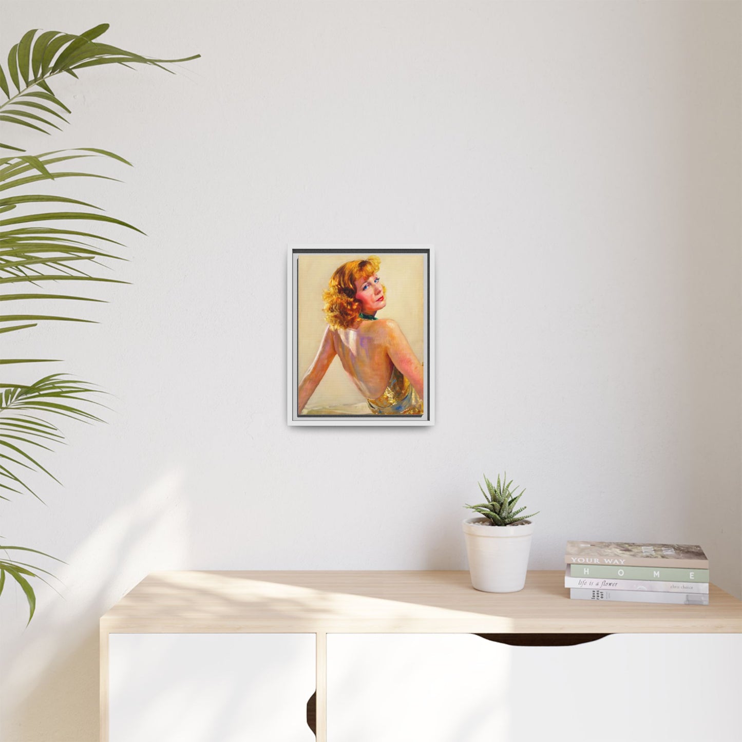 Framed Matte Canvas Print — Vintage Portrait of Redhead Greta Garbo in Gold Dress