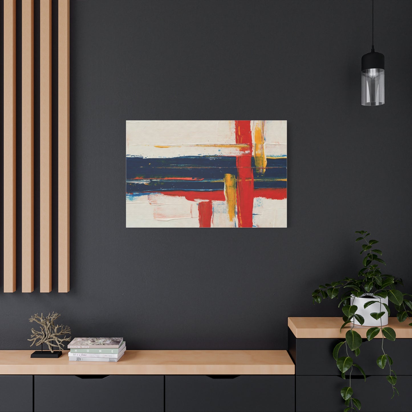 Abstract Modern Canvas Art Print — Red, Navy & Gold Stretched Matte Canvas