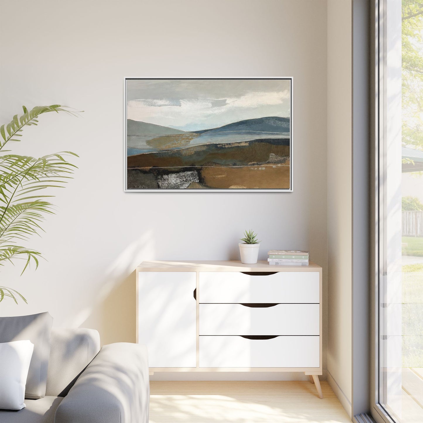 Framed Matte Canvas Landscape Art - Serene Abstract Hills in Blue & Earth Tones
