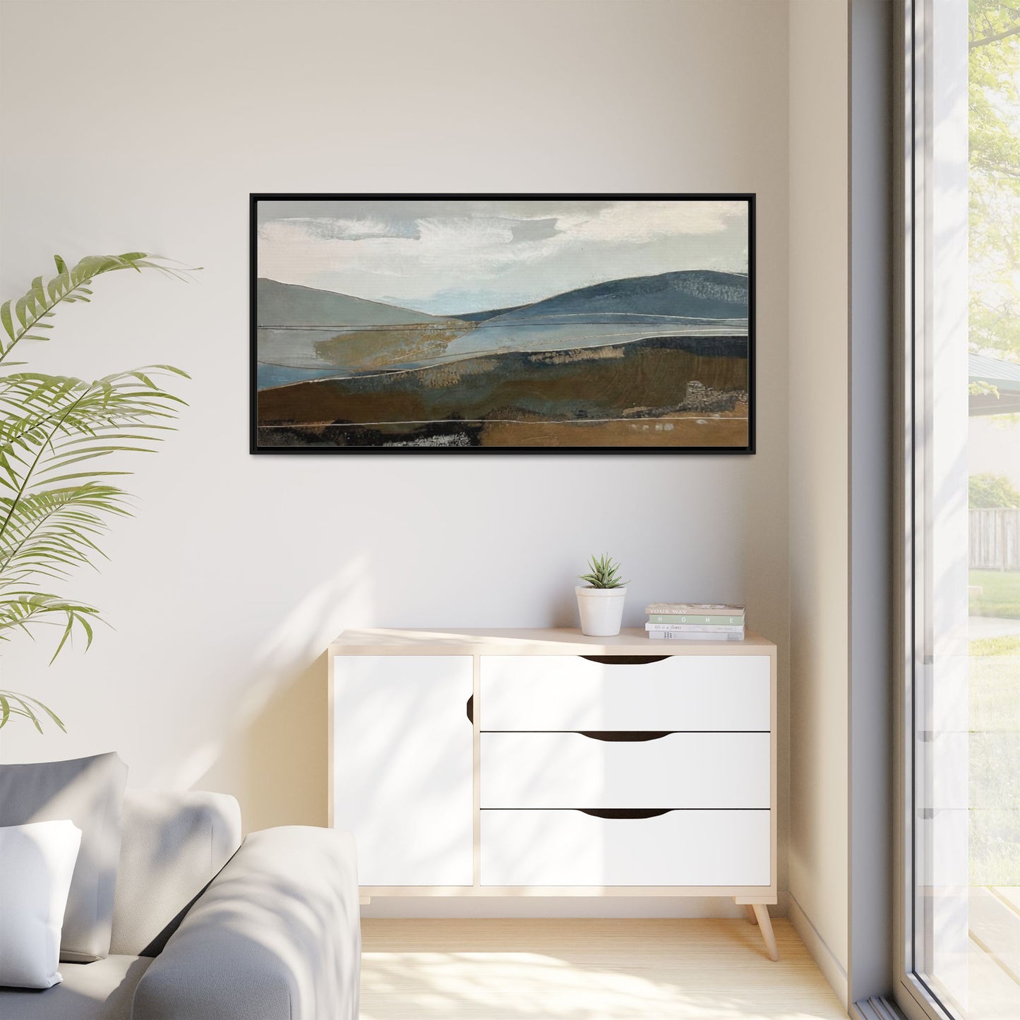 Framed Matte Canvas Landscape Art - Serene Abstract Hills in Blue & Earth Tones