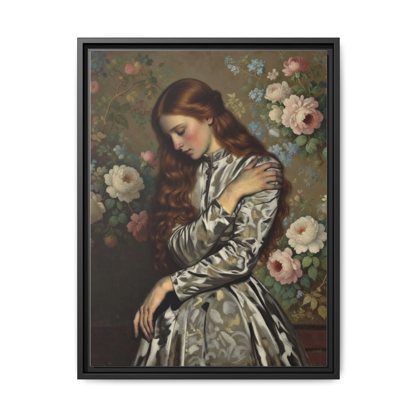 Framed Matte Canvas Art — Vintage Floral Portrait of a Young Woman