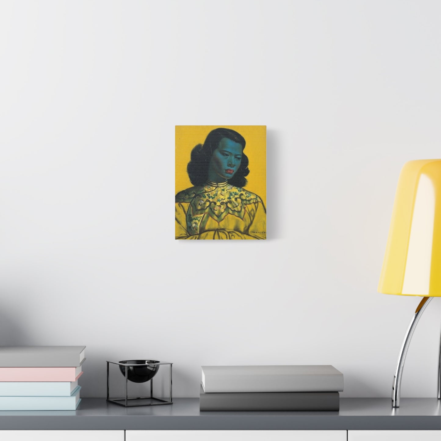Vintage Portrait Canvas Print — Mid-Century Asian Woman Art on Yellow Background