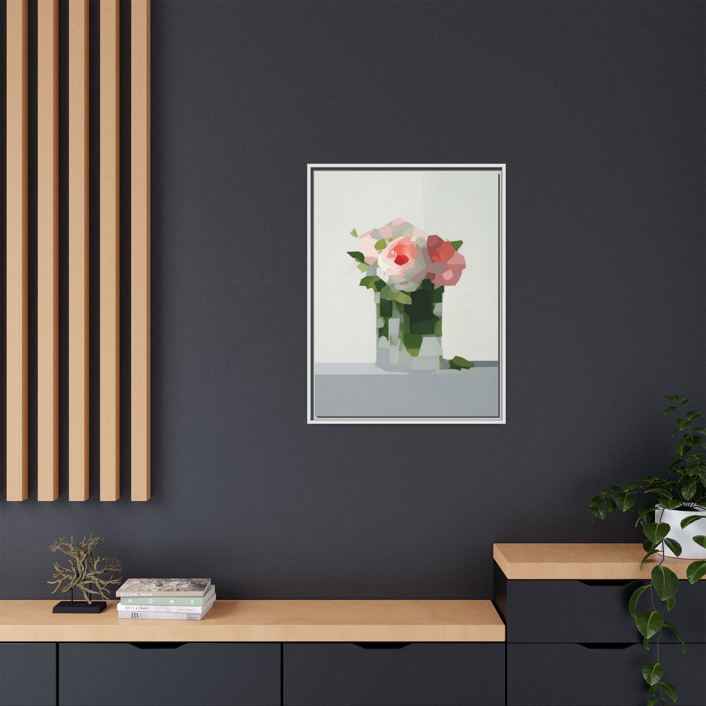 Framed Floral Canvas Print — Modern Pink Roses Still Life