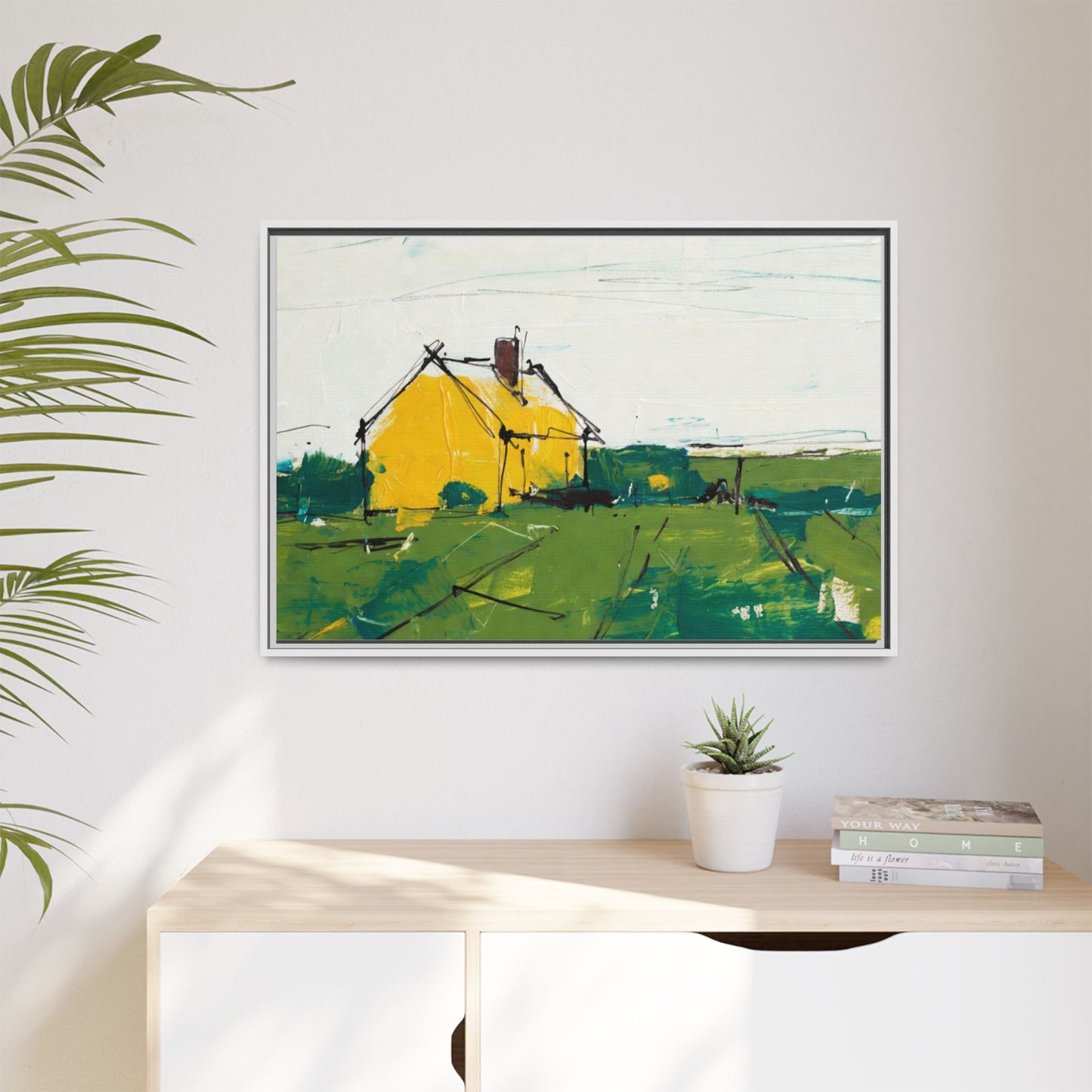 Yellow Cottage Landscape Framed Canvas Print