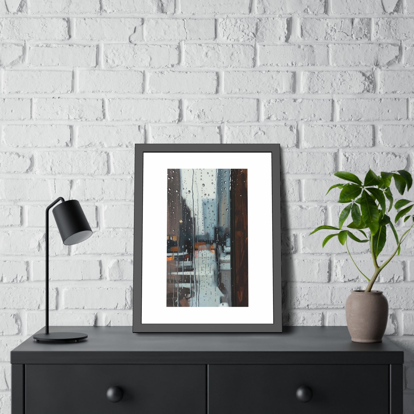 Framed Cityscape Poster — Rainy Window Urban Art Print