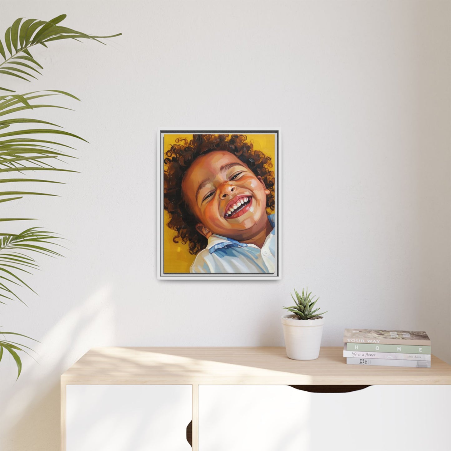 Framed Matte Canvas Print – Joyful Child Portrait, Colorful Nursery Wall Art