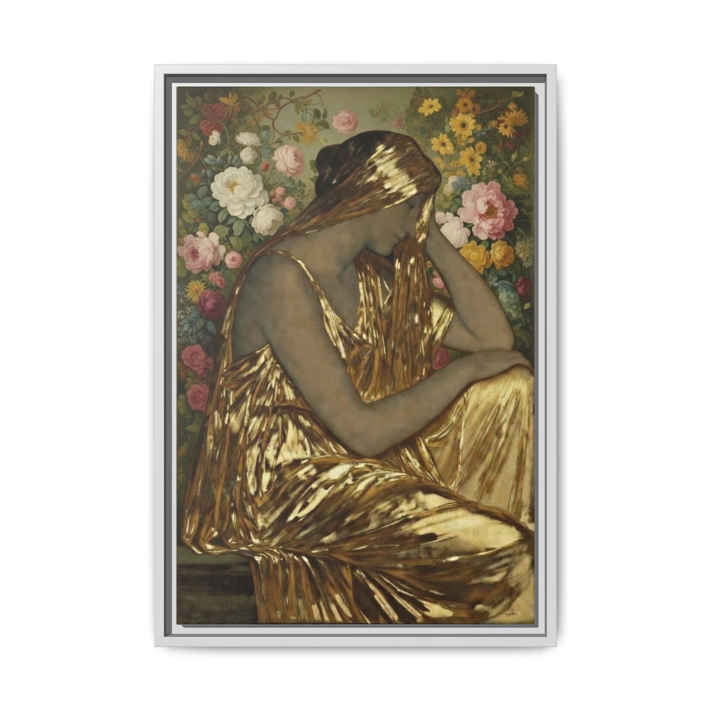 Framed Canvas Art Print — Golden Muse Woman with Floral Background