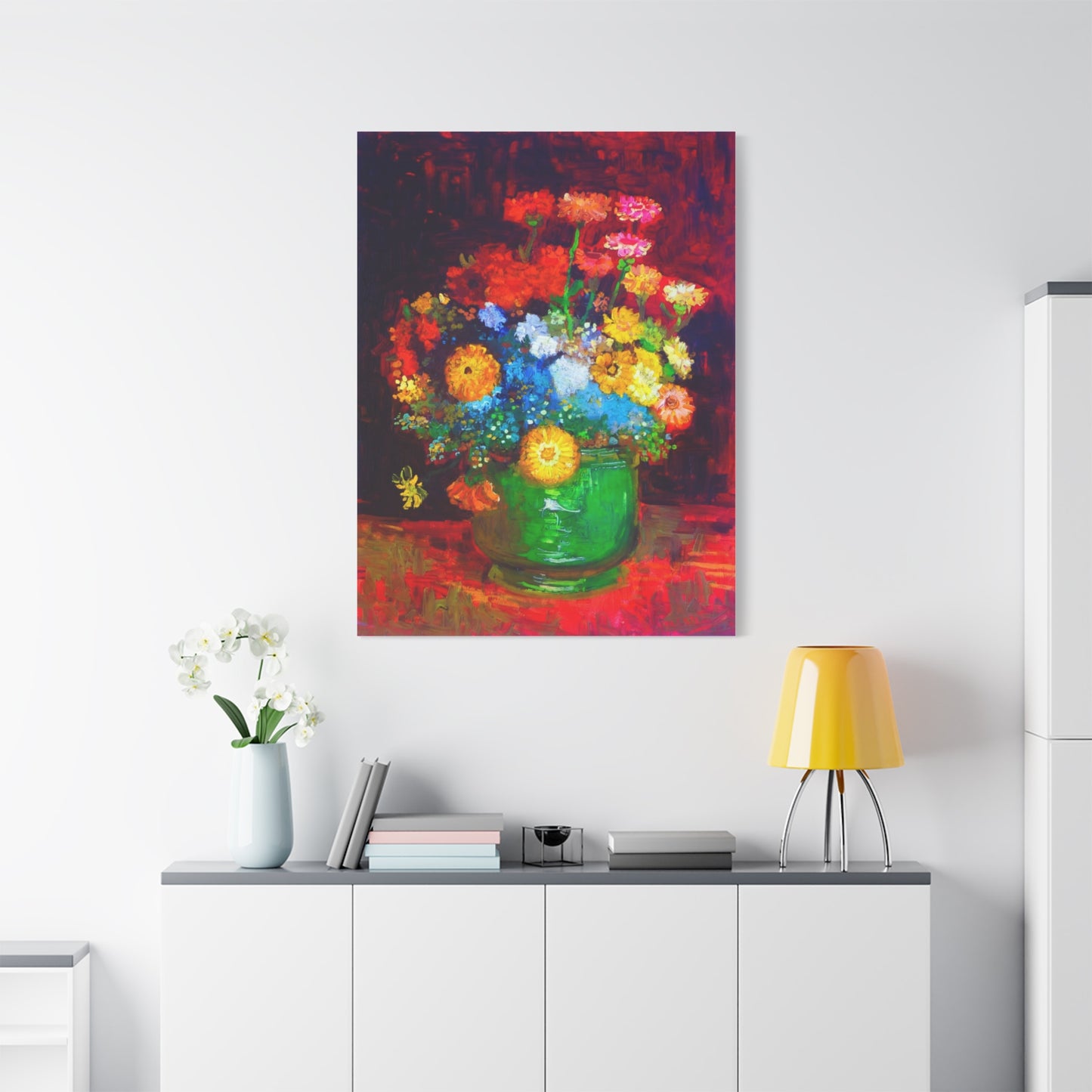 Floral Still Life Canvas Print — Vibrant Bouquet in Green Vase