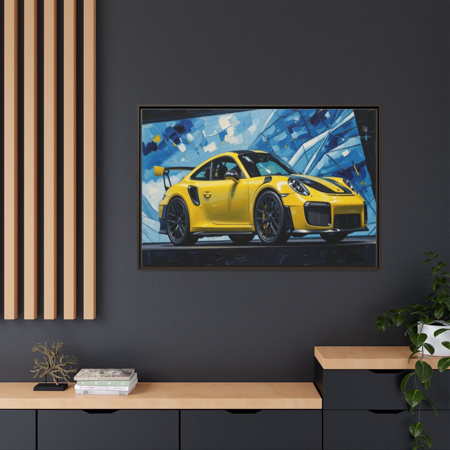 Yellow Porsche Sports Car Matte Framed Canvas – Modern Automotive Wall Art