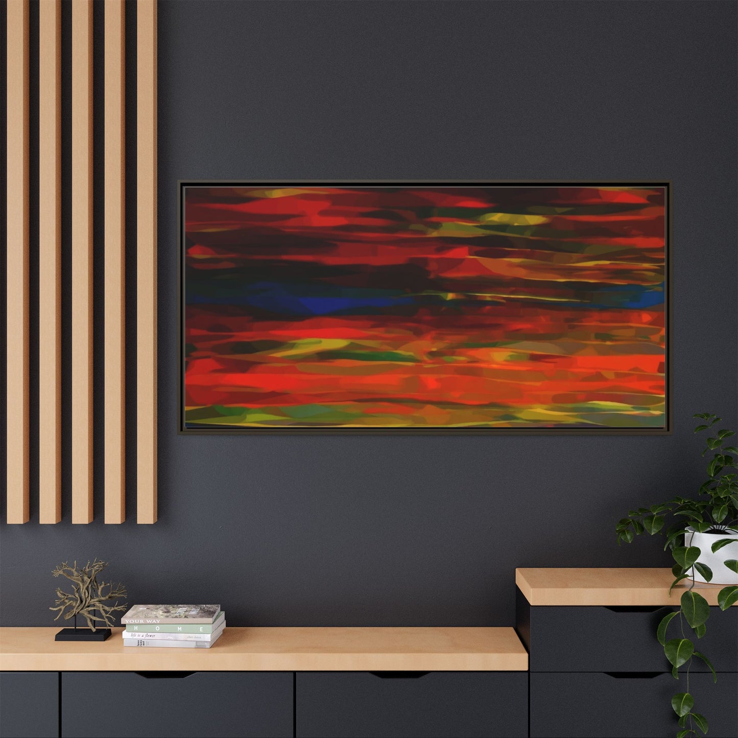 Abstract Multi-Color Matte Canvas Framed Wall Art — Bold Red & Blue Modern Painting