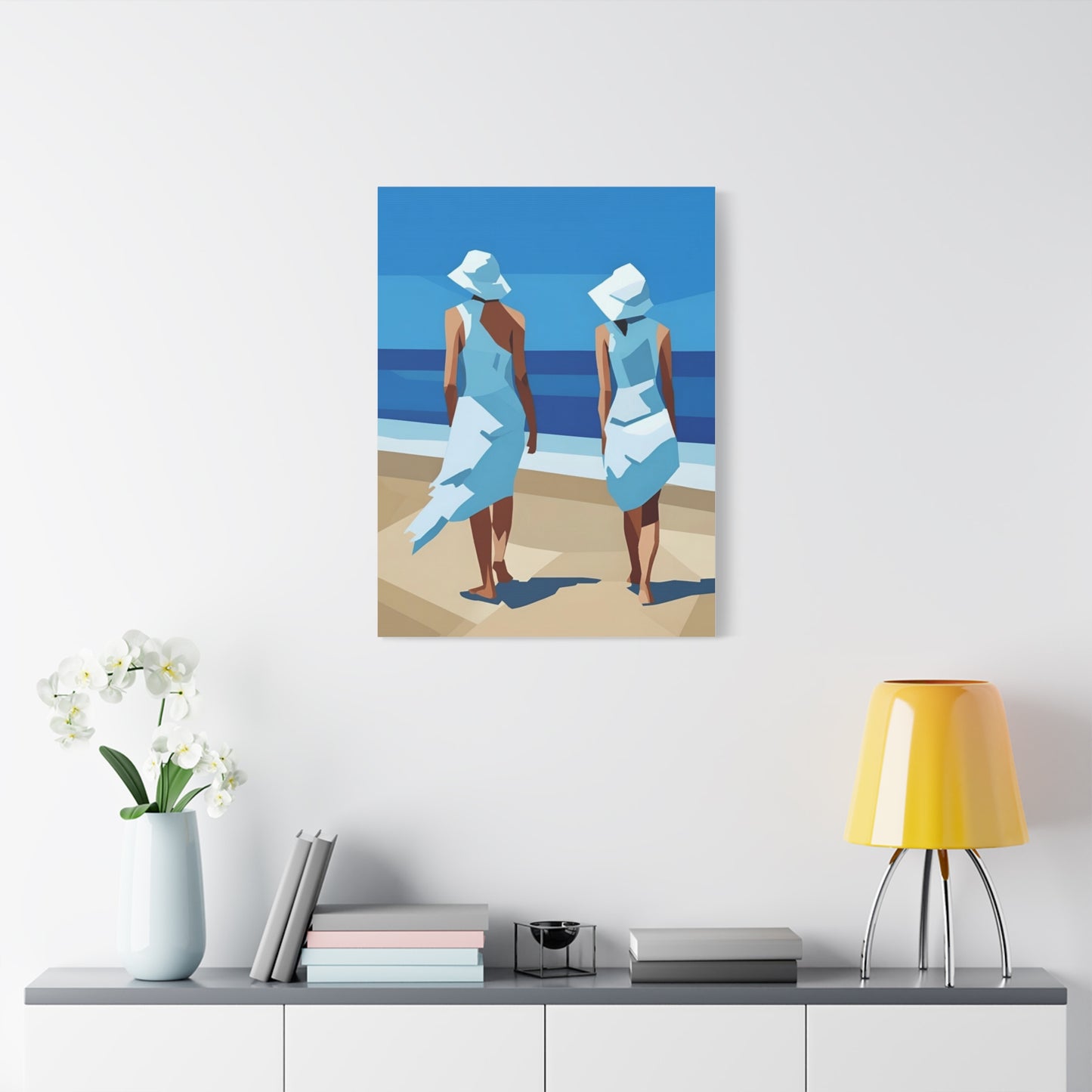 Beach Stroll Canvas Print — Two Women in Blue Sun Hats Matte Stretched