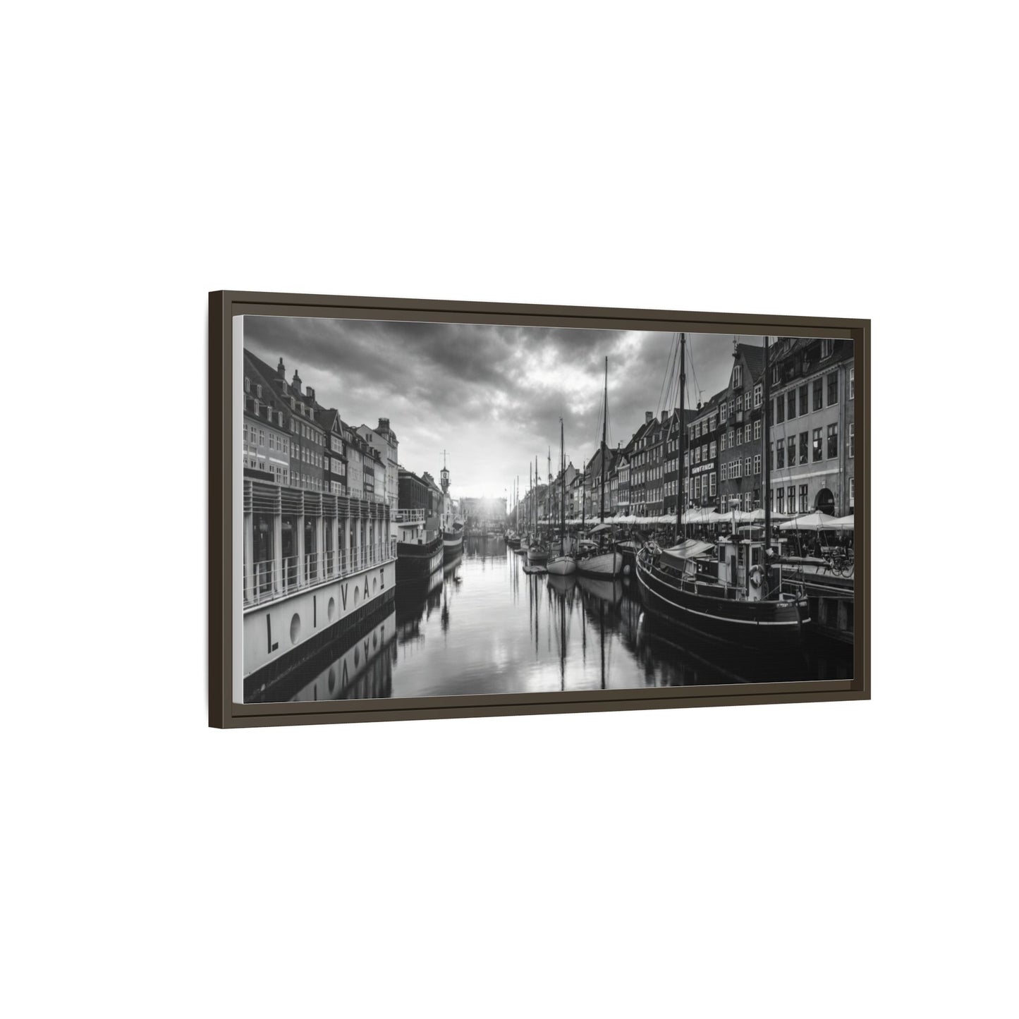 Framed Matte Canvas: Black & White Dutch Canal Photography Wall Art