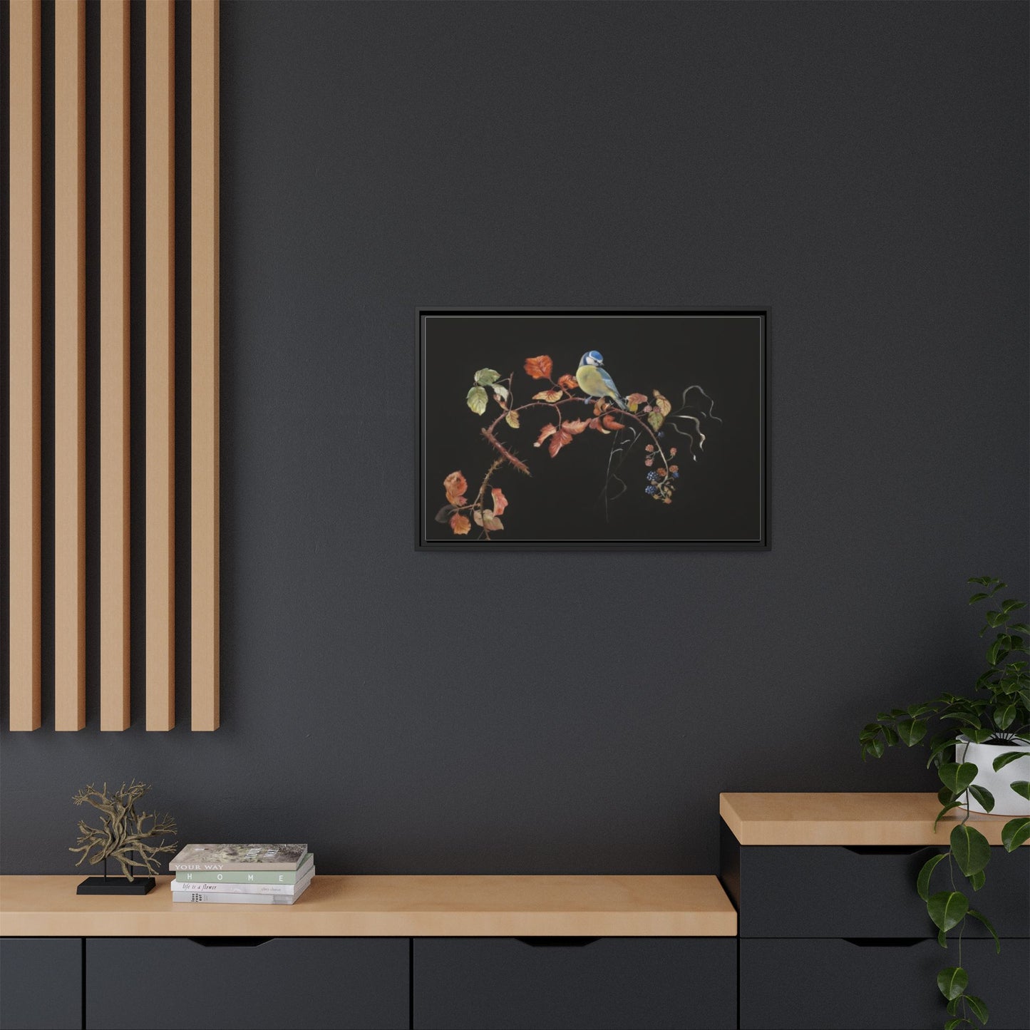 Framed Matte Canvas - Blue Tit on Autumn Branch Wall Art