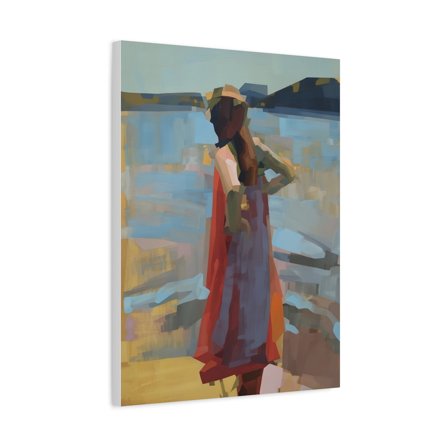 Coastal Stroll Matte Canvas Print — Abstract Woman in Red Dress, Stretched 1.25"