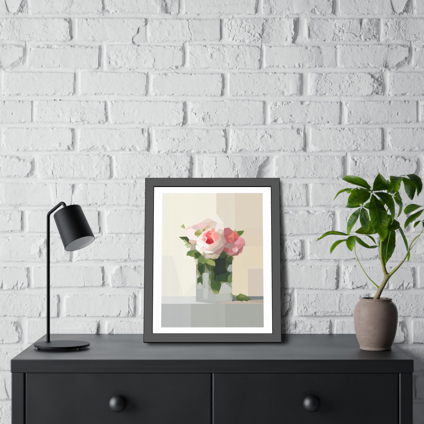 Framed Floral Poster — Geometric Pink Rose Wall Art