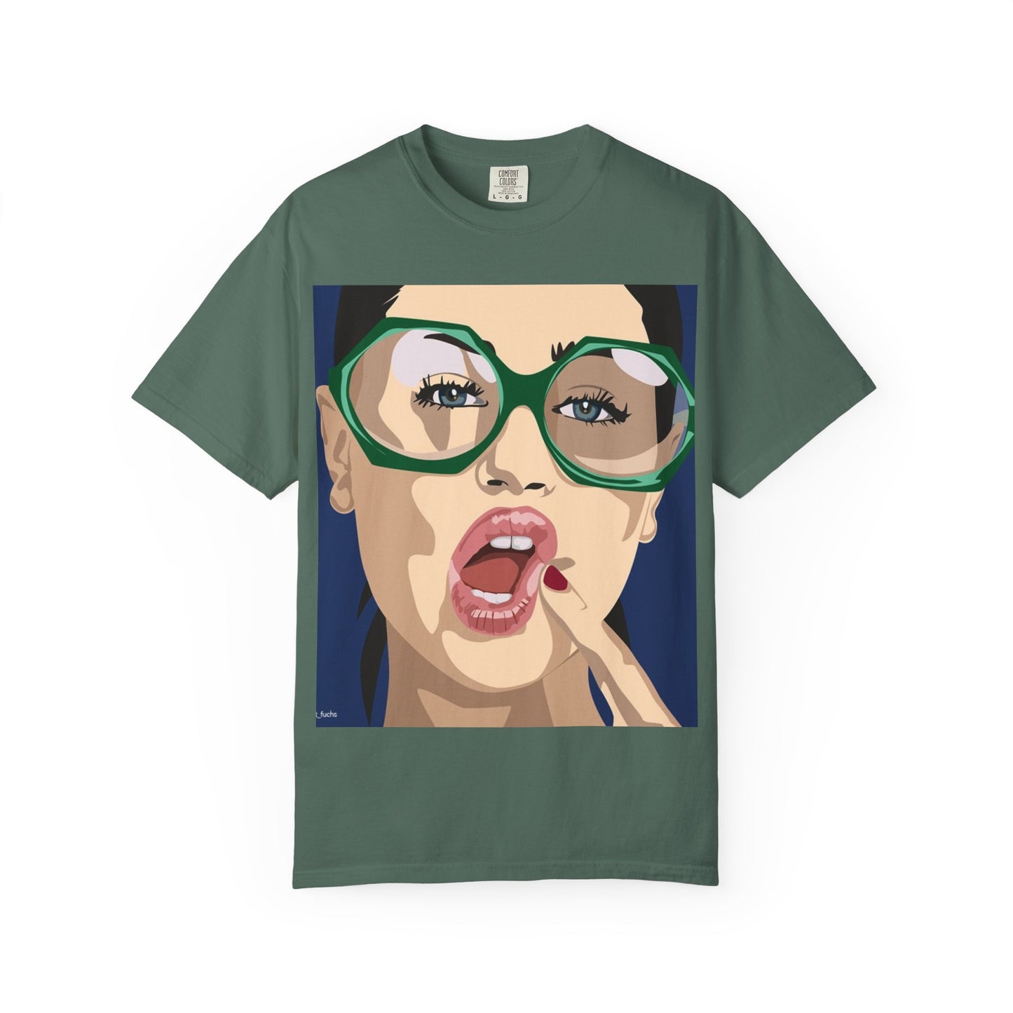 Pop Art Woman Graphic T‑Shirt — Retro Chic Green Glasses Design