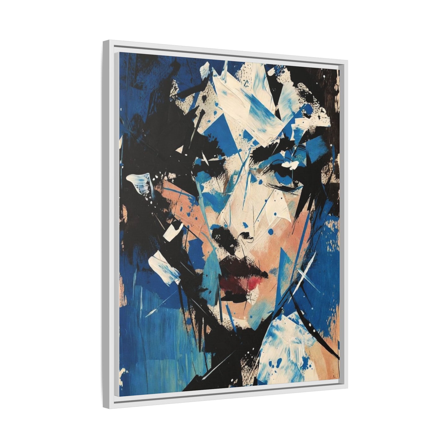 Abstract Portrait Matte Canvas Framed Wall Art — Blue Mixed-Media Face Print
