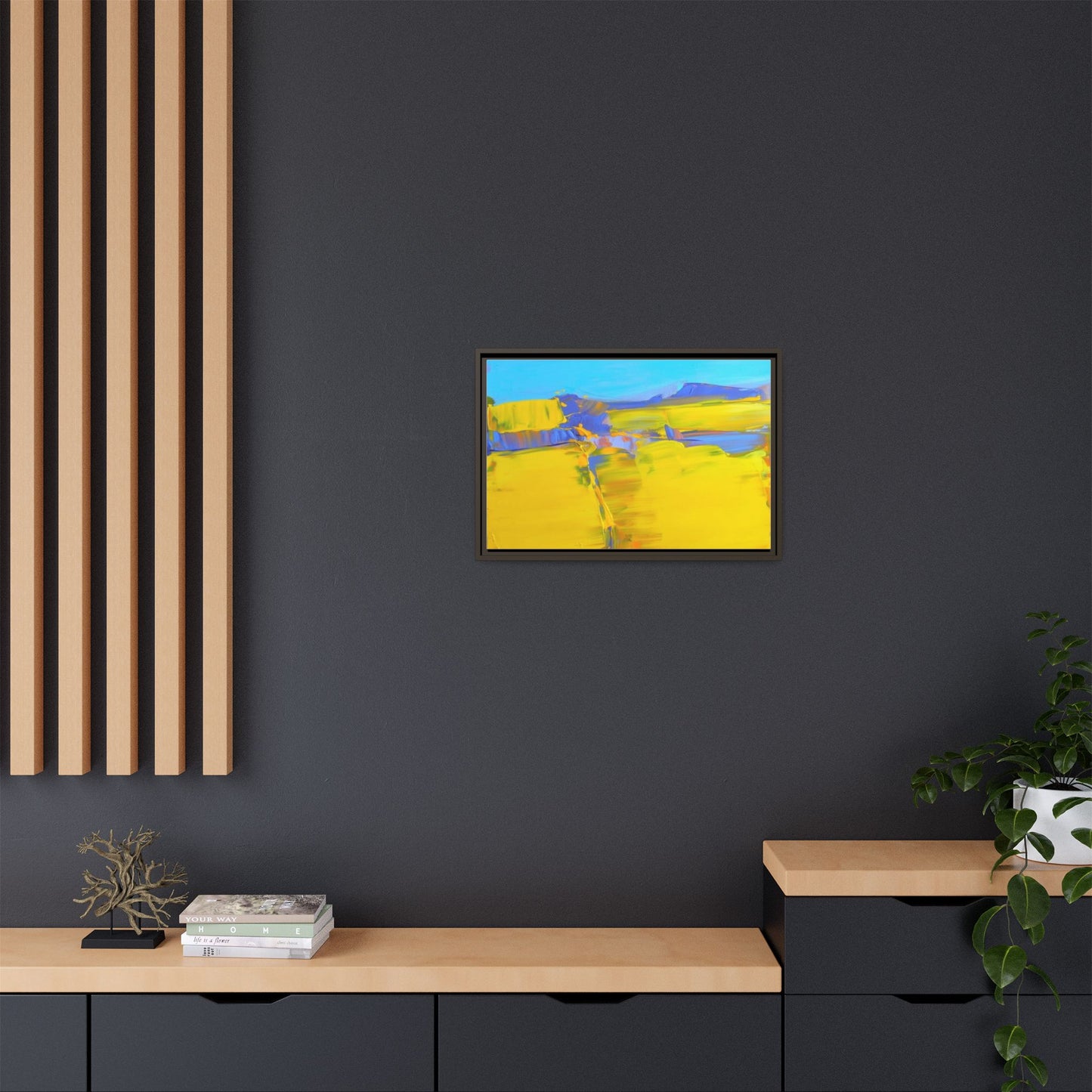 Framed Matte Canvas  Vibrant Yellow Blue Abstract Landscape Art