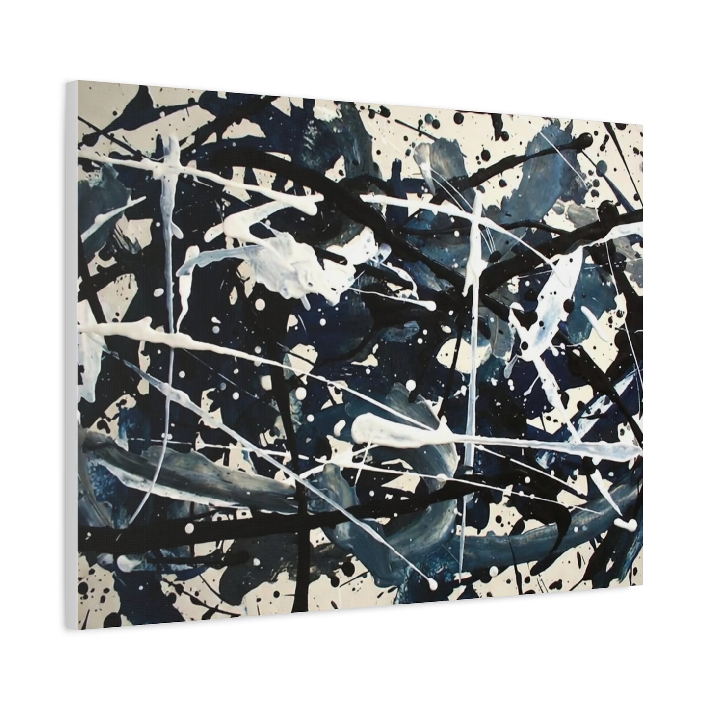 Abstract Drip Painting Canvas Print — Blue & Black Modern Wall Art (Matte Stretched)