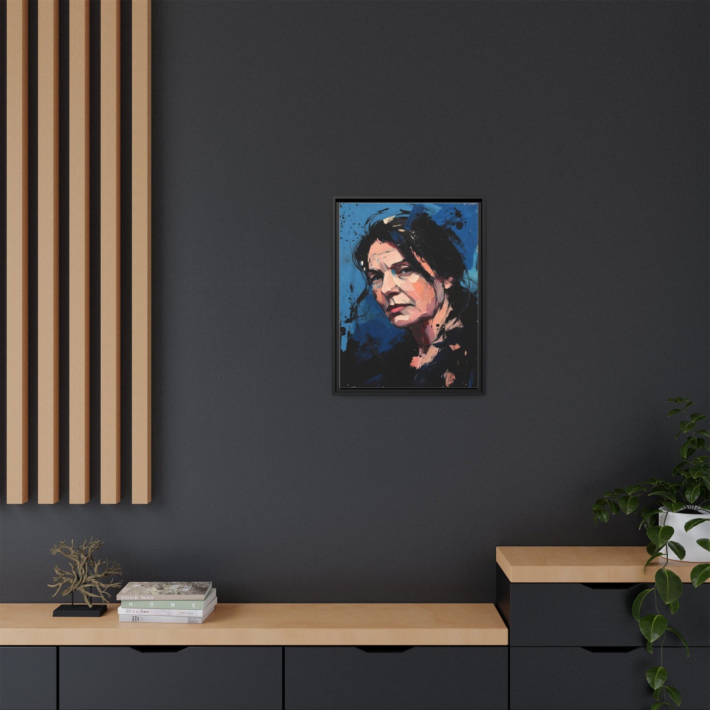 Framed Matte Canvas Portrait — Expressive Blue Painterly Woman Art