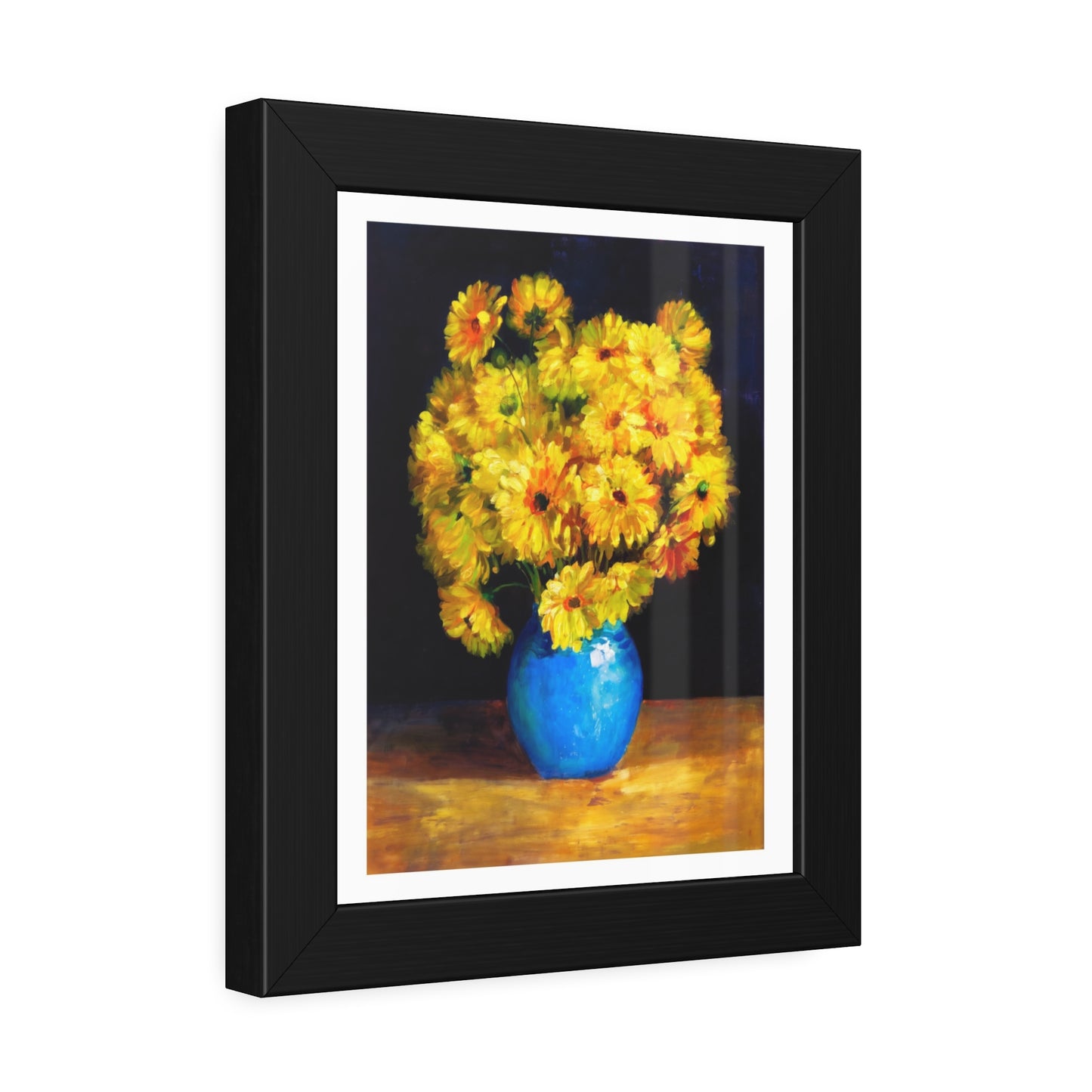 Framed Art Print — Yellow Daisy Bouquet in Blue Vase