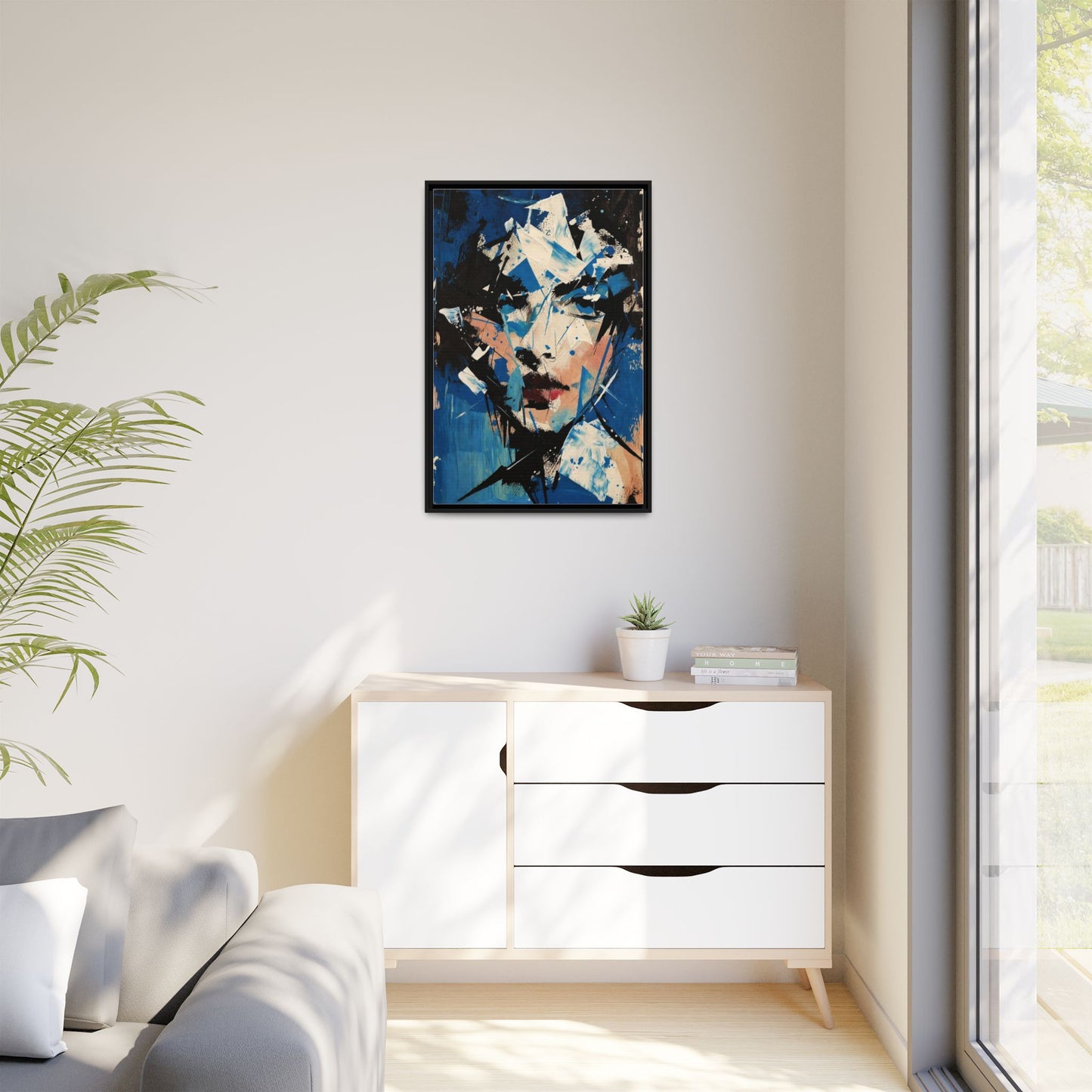 Abstract Portrait Matte Canvas Framed Wall Art — Blue Mixed-Media Face Print