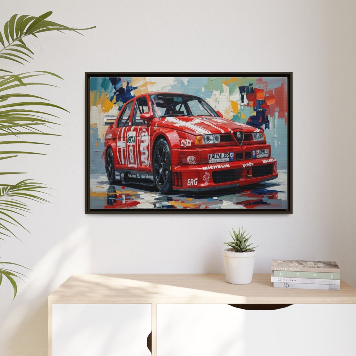 Framed Racing Car Canvas Print — Red Alfa Romeo Track Art