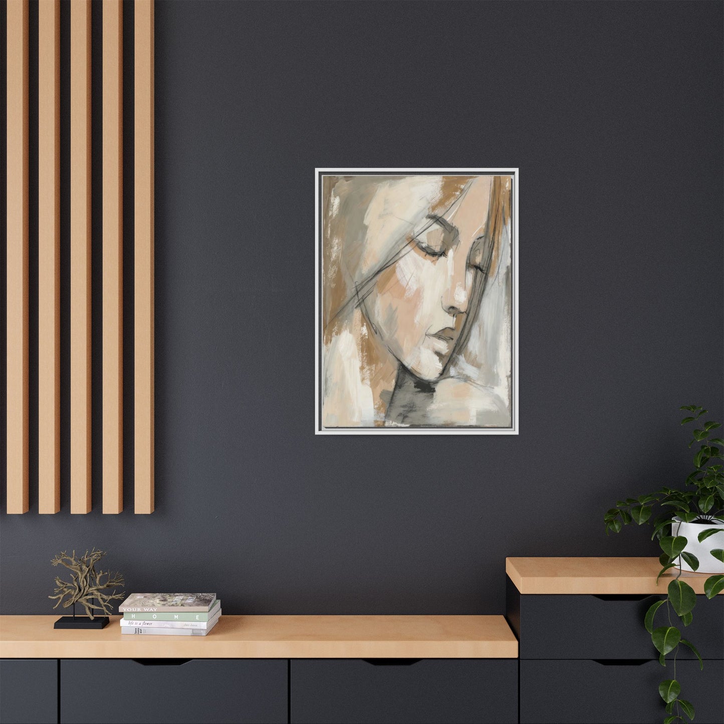 Framed Matte Canvas Art — Serene Abstract Portrait in Neutrals