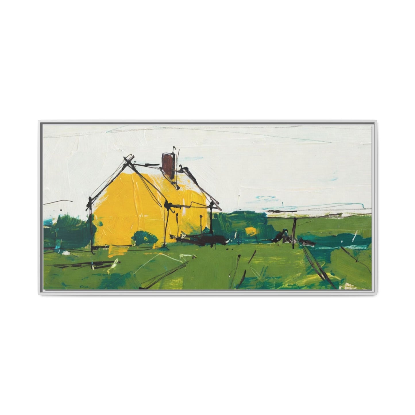 Yellow Cottage Landscape Framed Canvas Print
