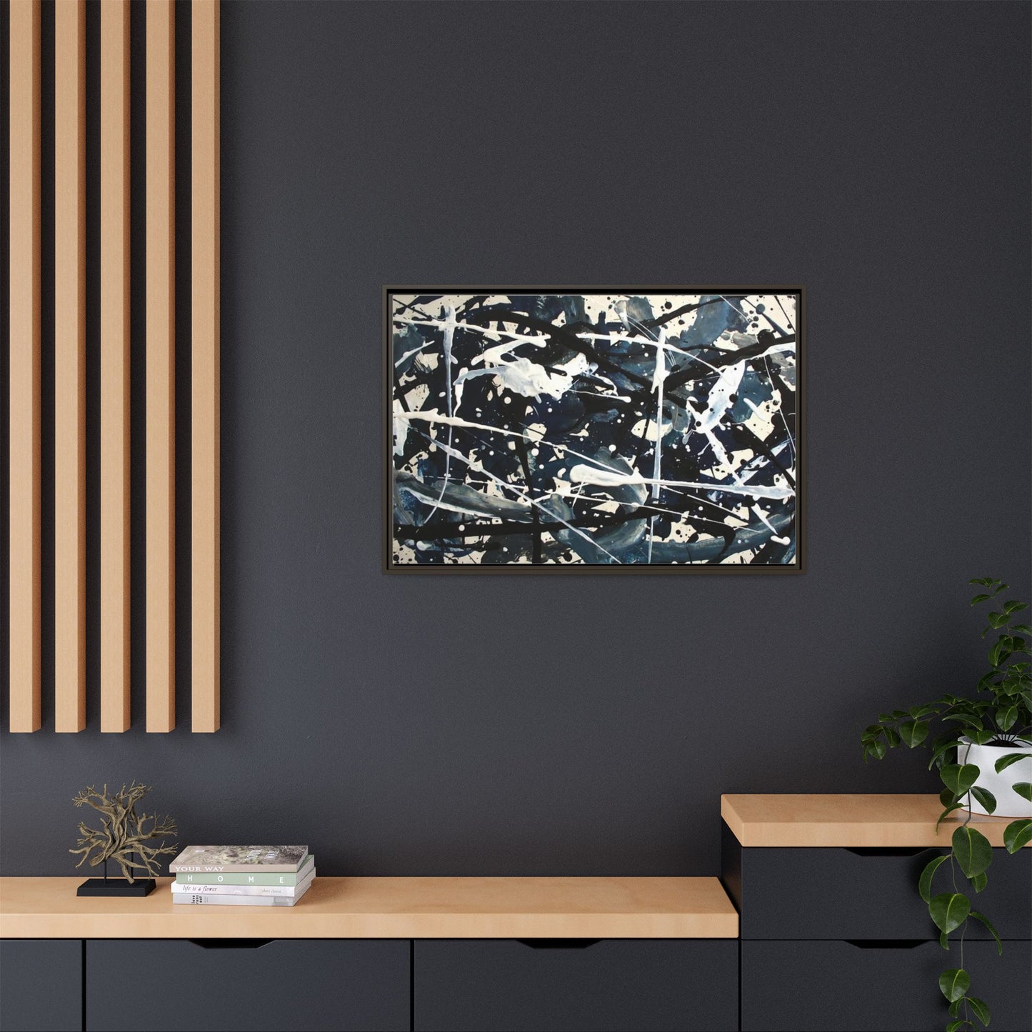 Abstract Splatter Matte Canvas Framed Wall Art — Black & Blue Modern Art Print