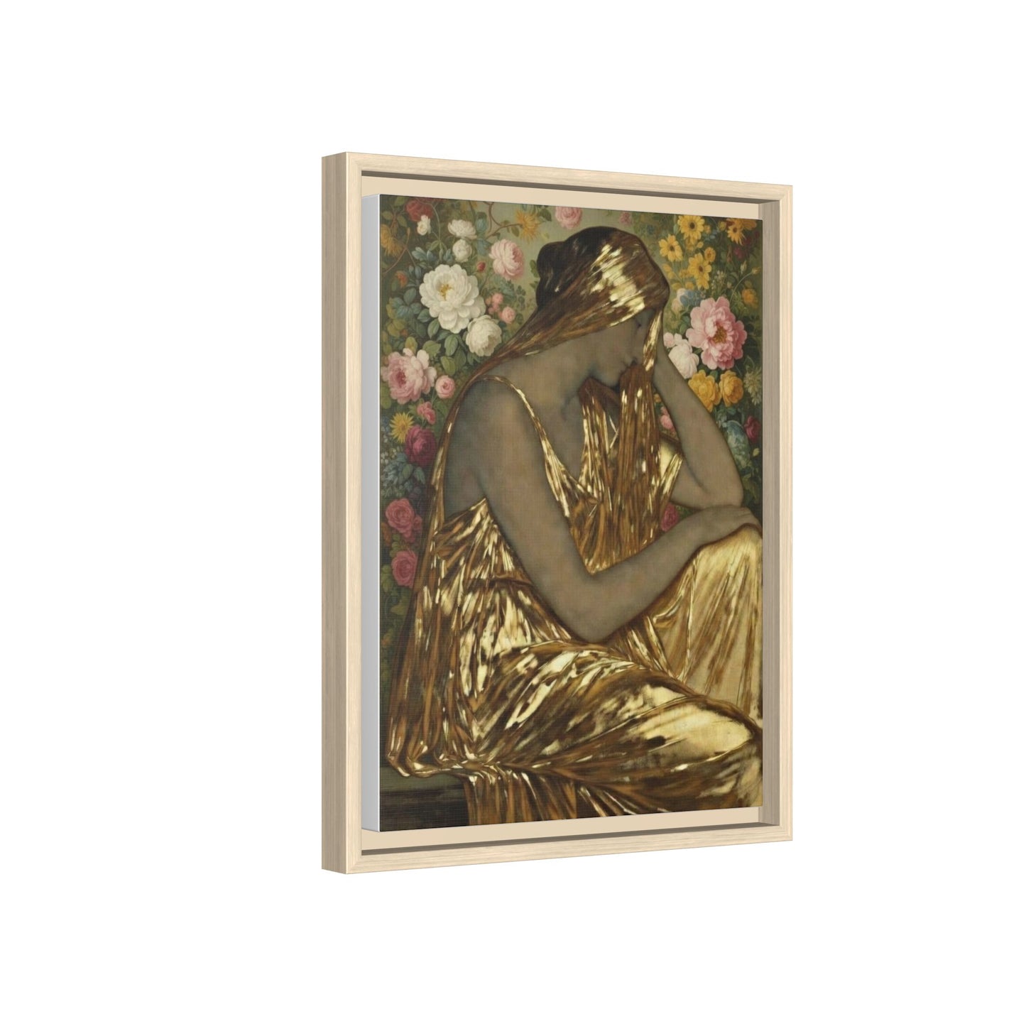 Framed Canvas Art Print — Golden Muse Woman with Floral Background