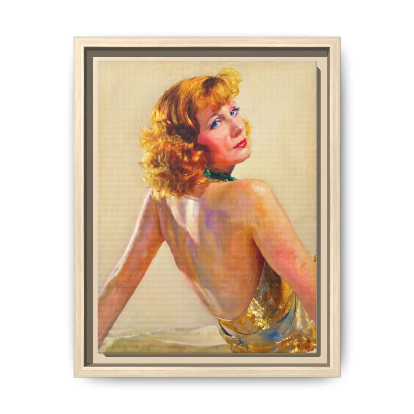 Framed Matte Canvas Print — Vintage Portrait of Redhead Greta Garbo in Gold Dress