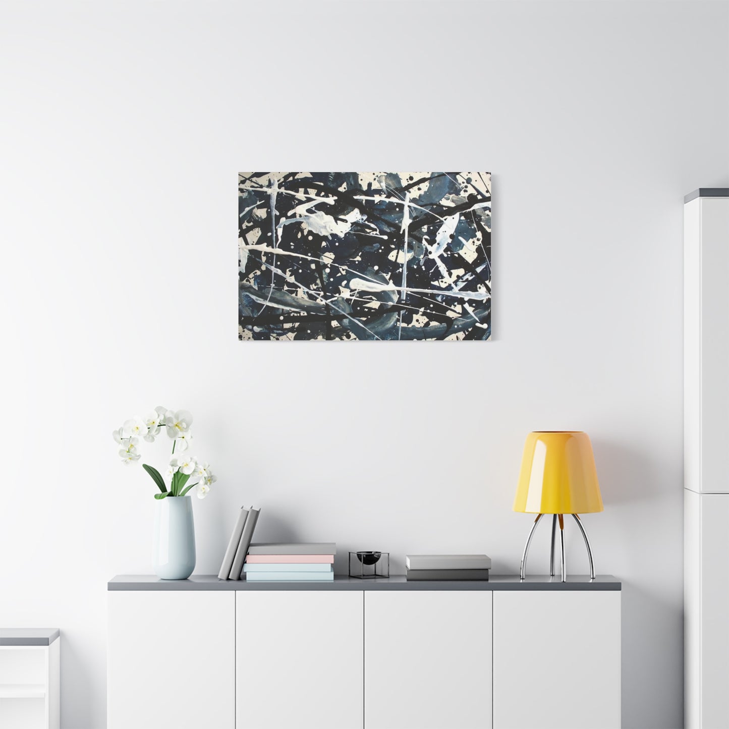 Abstract Drip Painting Canvas Print — Blue & Black Modern Wall Art (Matte Stretched)