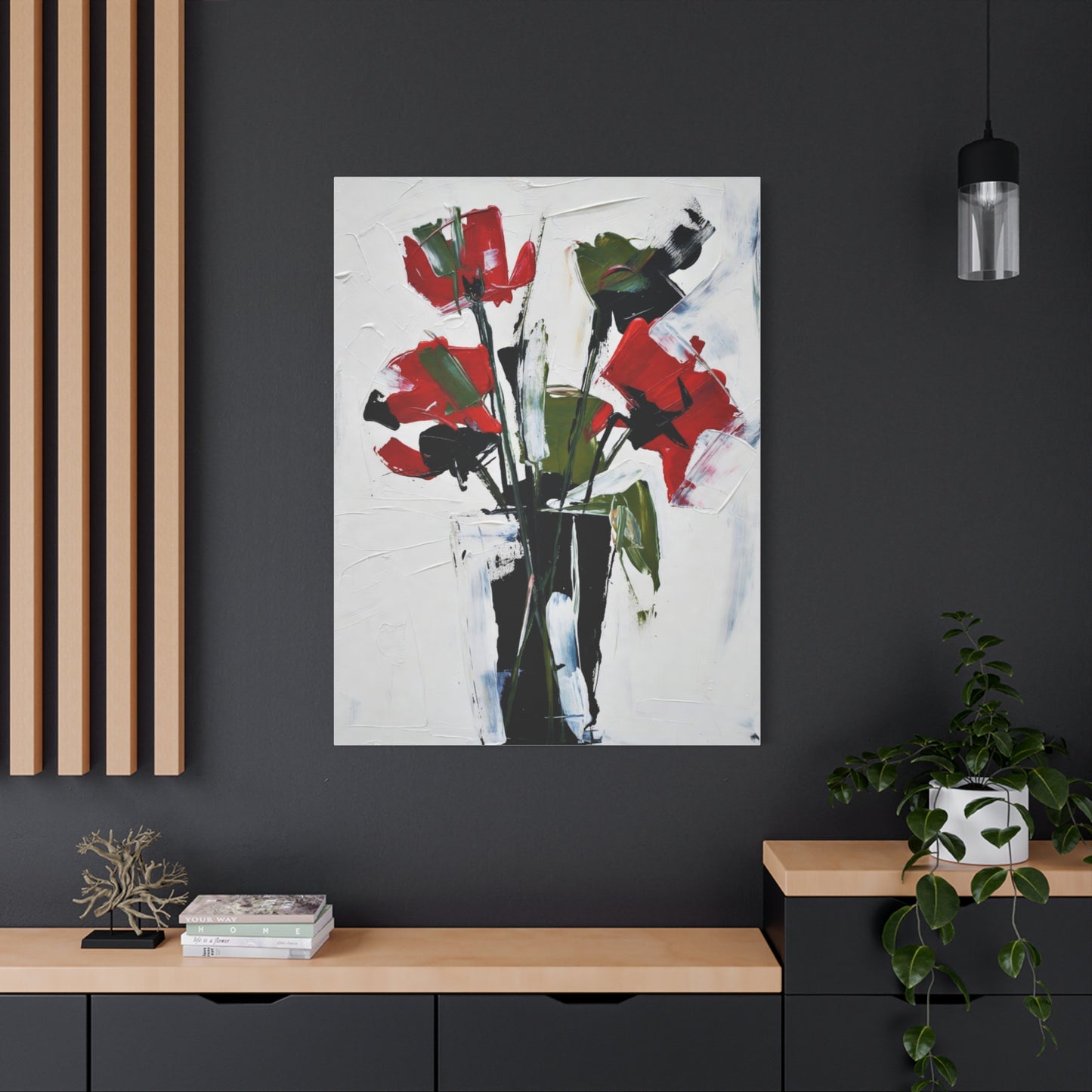 Red Floral Abstract Canvas Print — Modern Painterly Flowers on Matte Stretched Canvas