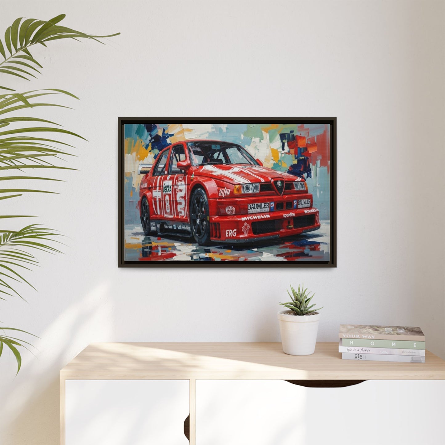 Framed Racing Car Canvas Print — Red Alfa Romeo Track Art