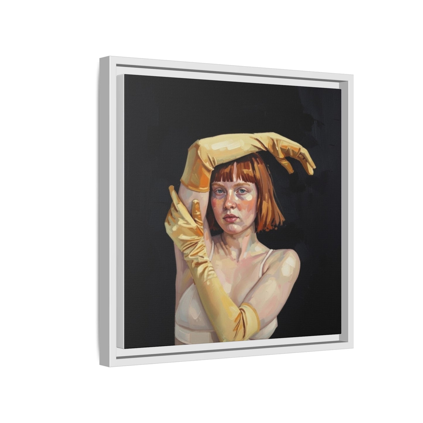 Framed Matte Canvas Art – Portrait of Woman in Yellow Gloves