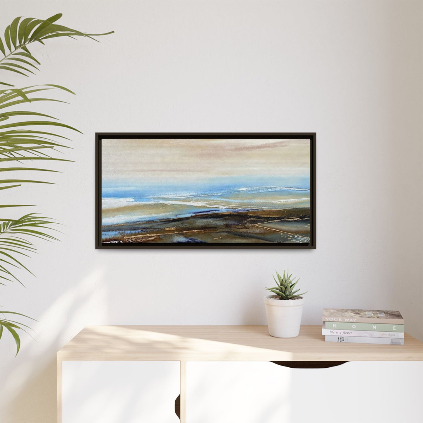Framed Abstract Seascape Matte Canvas — Coastal Blue & Earth Tone Wall Art