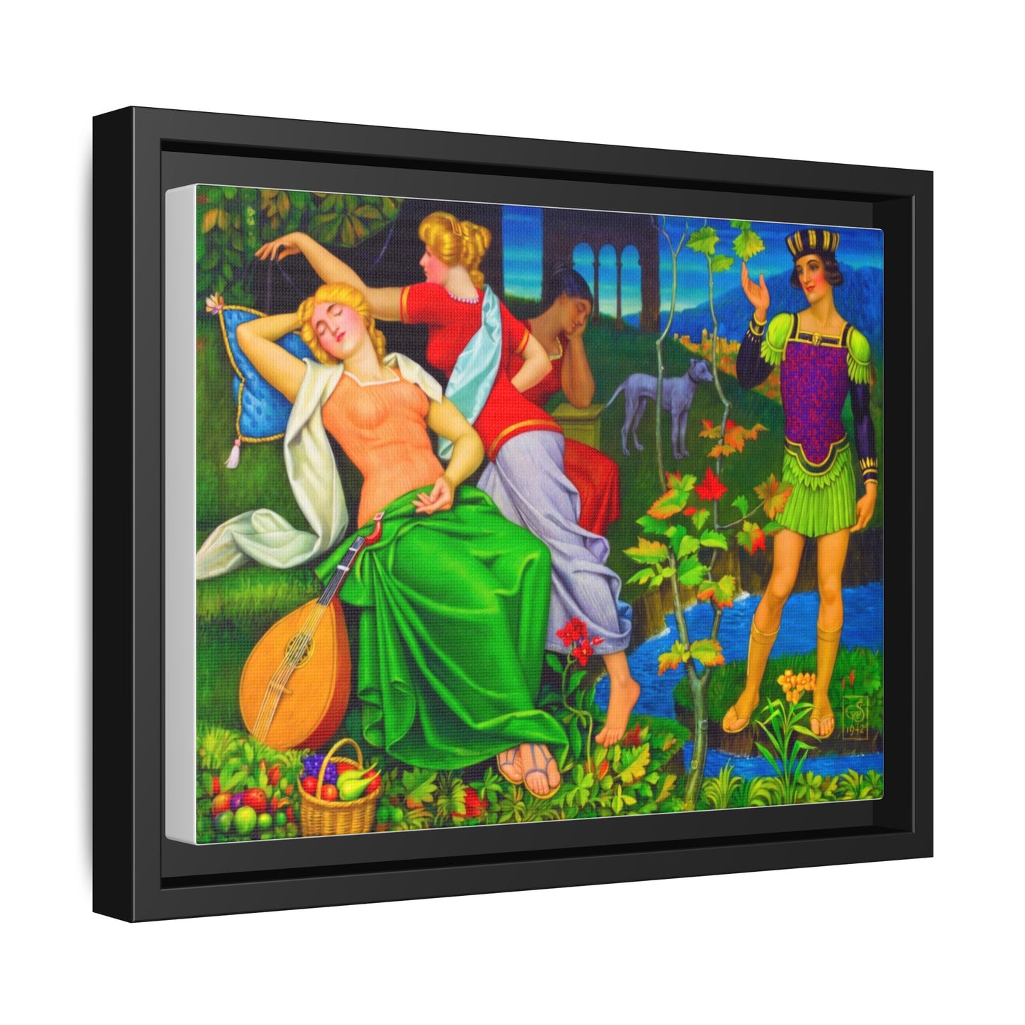 Framed Matte Canvas Art — Colorful Mythic Garden Scene