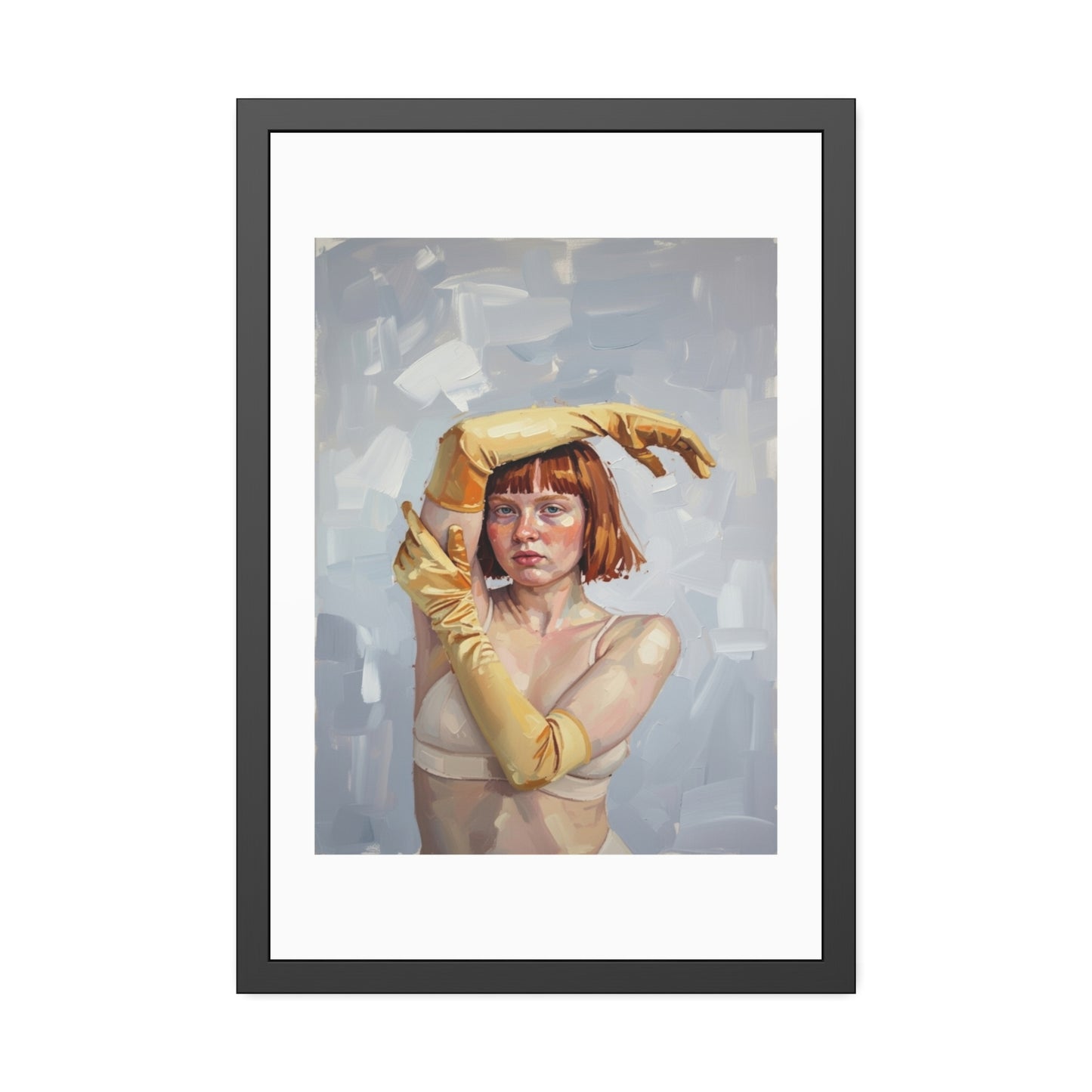 Framed Art Print — Portrait of Woman in Yellow Gloves (Modern Figurative Wall Art)