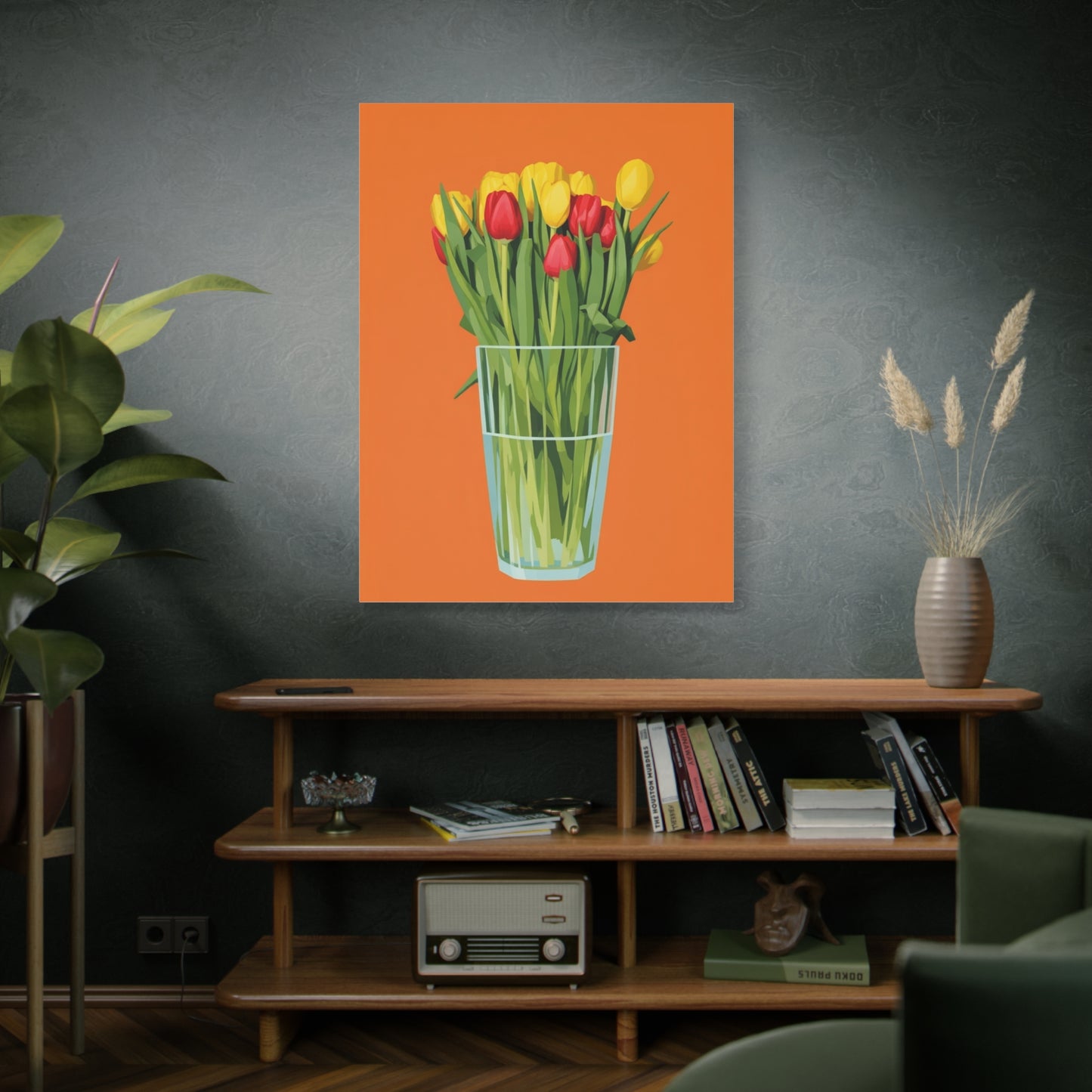 Tulip Bouquet Canvas Wall Art – Glass Vase on Orange
