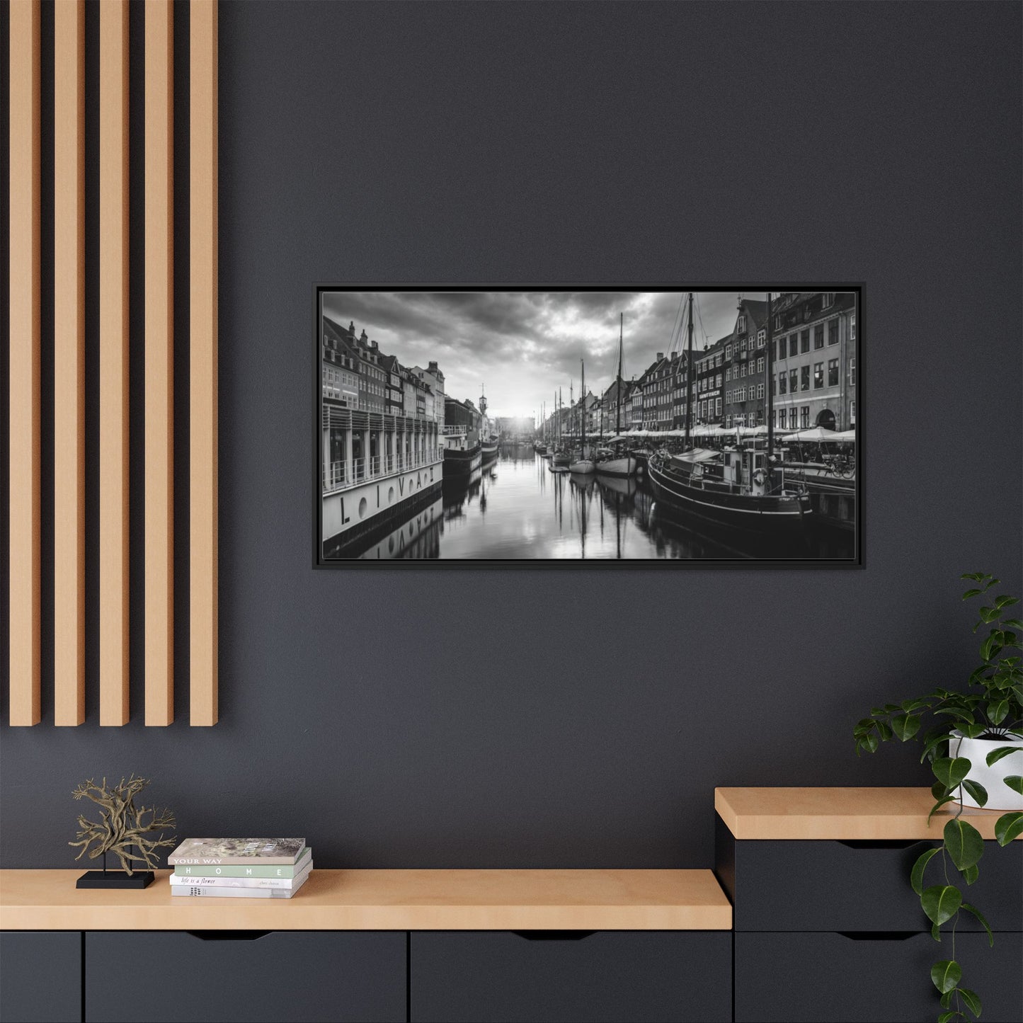 Framed Matte Canvas: Black & White Dutch Canal Photography Wall Art