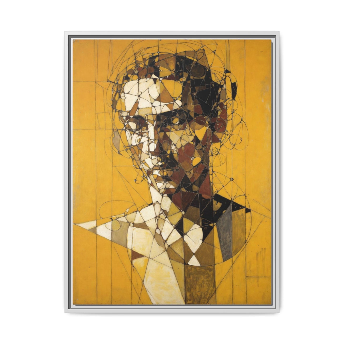Framed Matte Canvas Art - Abstract Geometric Portrait on Mustard Yellow