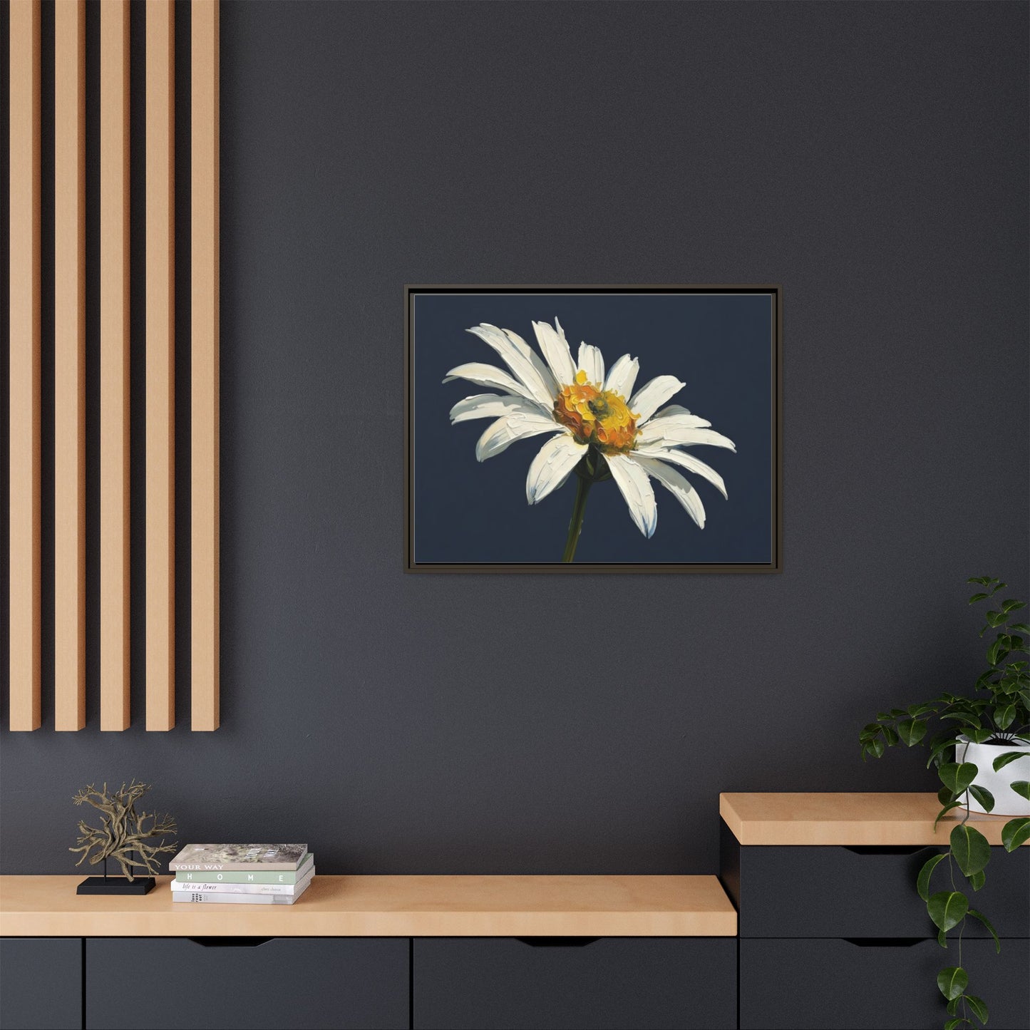 Framed Matte Canvas Daisy Wall Art — White Floral Painting on Navy