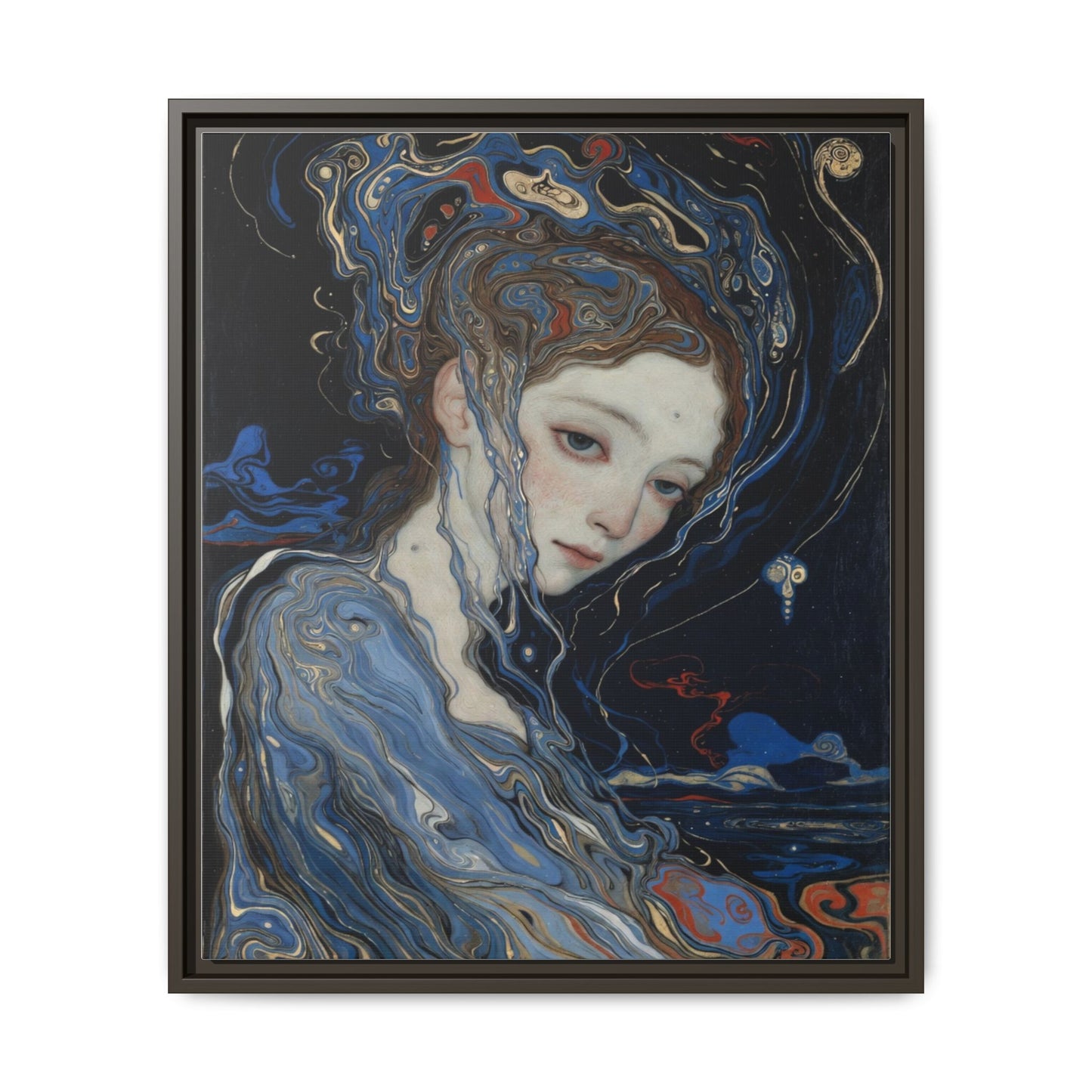 Framed Matte Canvas Art Print — Surreal Blue Maiden Portrait