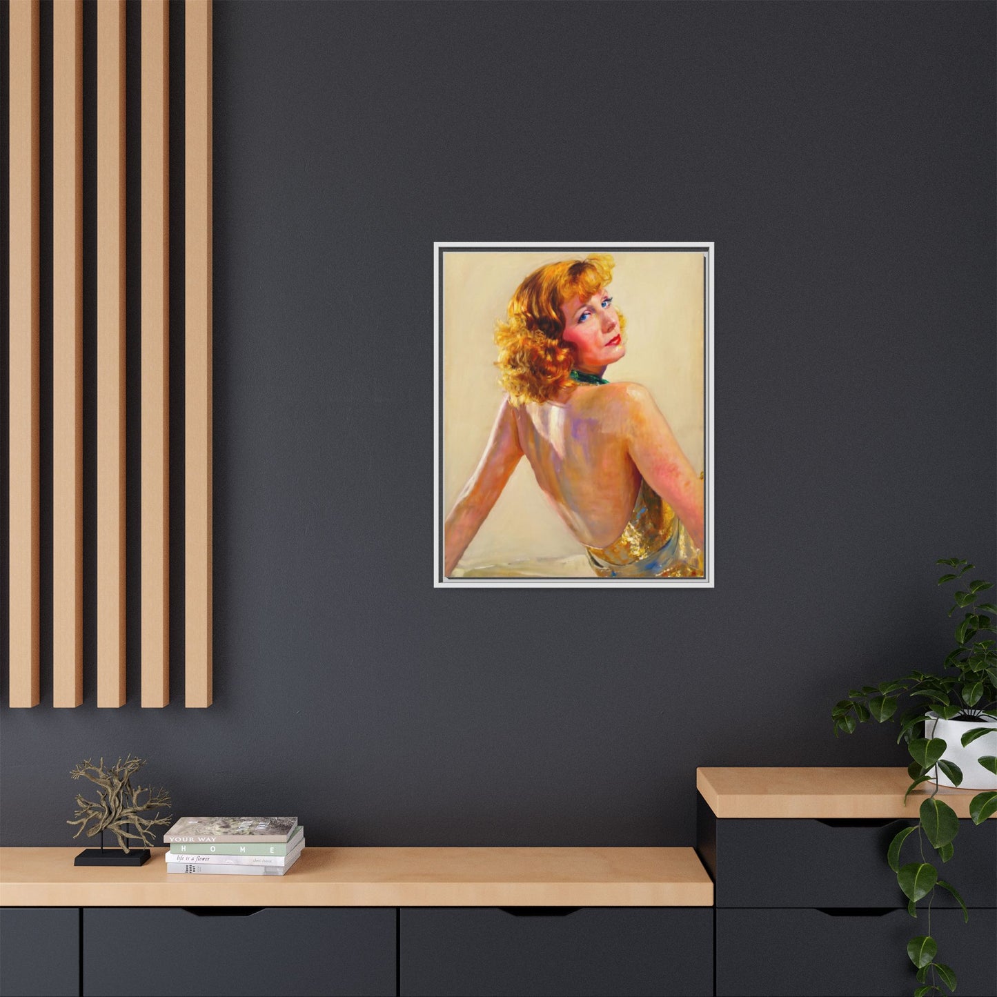 Framed Matte Canvas Print — Vintage Portrait of Redhead Greta Garbo in Gold Dress