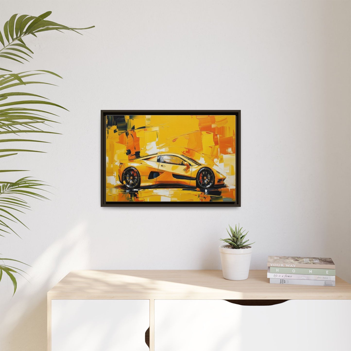 Yellow Sports Car Abstract Matte Canvas Framed Print